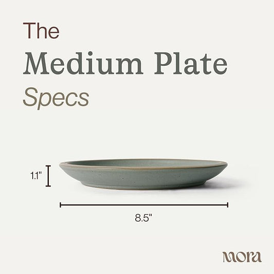 MORA Medium Plates Set of 4, 8.5 inch Ceramic Pottery Salad Plates - Microwave, Oven and Dishwasher Safe - Peppercorn