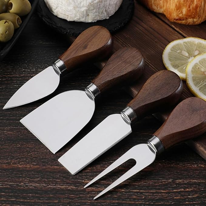 4-Piece Set of Stainless Steel Cheese Knives with Wood Hand, Including Cheese Slicer and Cheese Cutters, Essential Cheese Tools for the Kitchen (Walnut handle, Silver)