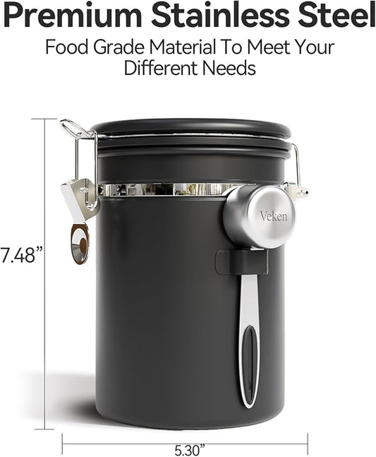 Veken Coffee Canister with Window,Airtight Stainless Steel Pantry Container,Home Kitchen Food Storage Organizers for Ground,Beans,Espresso,Rice,Tea,Sugar,Cereal, Decor,Bar Accessories,Gifts,22OZ,Black