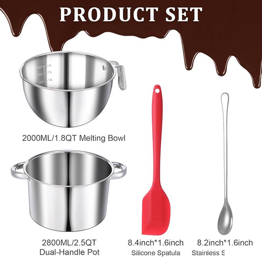 304 Stainless Steel Double Boiler Set -1.8QT Melting Bowl with Scale and Handle - 2.54QT Dual-Handle Pot - Stackable Water Bath Melting Pot Set for Butter, Chocolate, Wax, Sugar, Candle