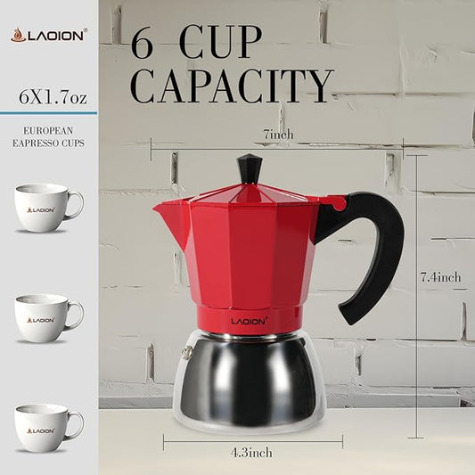 LAOION Stovetop Espresso Maker, 6Cup Moka Pot, Espresso Machine Compatible with Induction Cooktops, 300ml Stainless Steel & Aluminum Cuban Coffee Maker for Cafetera Cubana, Red