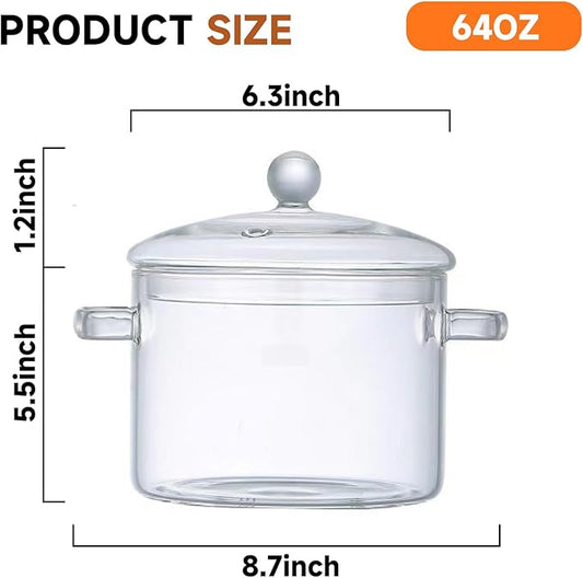 Glass Cooking Pot, 1.9L/64oz Heat-Resistant Borosilicate Glass Saucepan with Cover, Cookware Set Stovetop Pot for Cooking, Soup, Milk, Tea, Fruit and Spices