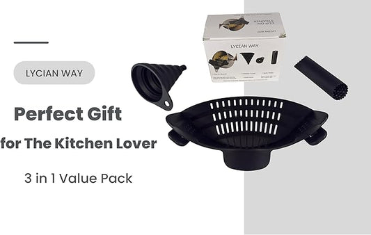 Clip on Strainer Silicone for All Pots and Pans, Colander, Pot Strainer for Pasta, Meat, Vegetables, Space Saving Design, Food-Safe, with Collapsible Funnel, Garlic Peeler, 3 Pack (Black)