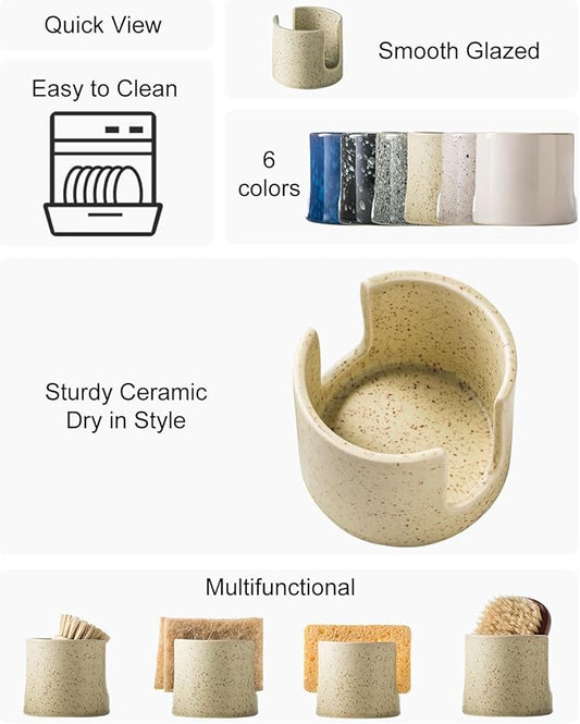 Sponge Holder for Kitchen Sink, Ceramic Dish Sponge Holder Compact Scrubby Daddy Kitchen Organizer Dish Rcak for Sponges, Scrubbers, Yellow