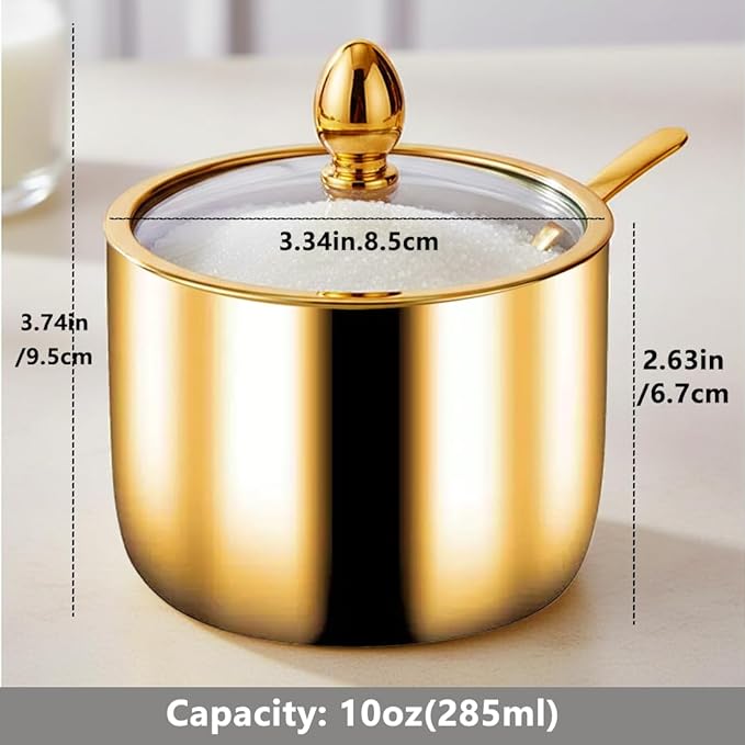 Coffee Bar Accessories Sugar Container with Glass Lid and Spoon, 10oz Gold Sugar Bowl for Kitchen Storage, Sugar Jar for Salt, Candy, Coffee Bean, Gold