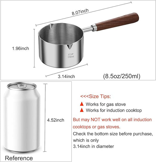 Food grade Stainless Steel Mini Butter Warmer, Mini Milk/Coffee Warmer, 8.5 oz (250 ml) Milk Warmer, Small Baby Food Warmer with Dual Spouts, Chocolate Melting Pot