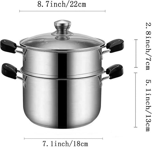 3.4QT Steamer for Cooking,Stainless Steel Steamer Pots with Vegetable Steam Basket,Glass Lid,Cooking Stock Pot with Handle for Vegetable, Dumplings, Soup, Food