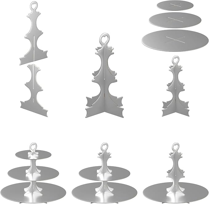 Cupcake Stand Tower, 2 Pack, Silver, 3 Tiered, Cup Cake Stand Cardboard Dessert Holder for Parties (Cardboard Silver 2 Pack)