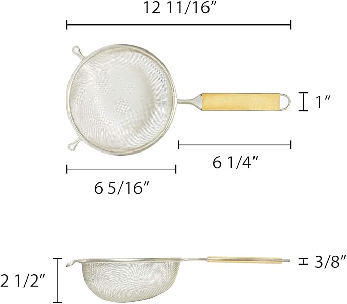 TrueCraftware- 6-Inch Single Medium Tin Mesh Strainer 6-3/4" Handle Length Wooden Handle- Kitchen Utensil Food Strainer Skimmer Spoon for Cooking Sieve Sifters Rice Quinoa Pasta Fruits Vegetable
