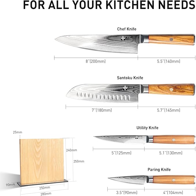 Damascus Knife Set with Block, Chef Knife Set Professional 67-Layer Damascus VG10 Steel, Olive Wood Handle with Gift Box