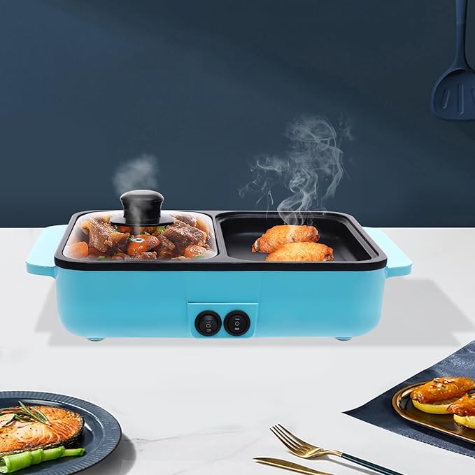 Hot Pot with Grill, Electric Hot Pot and Frying Pan, 2 in 1 Indoor Non-Stick Electric Hot Pot and Frying Pan, Blue Portable Electric BBQ Grill for Indoor Party Family Gatherings