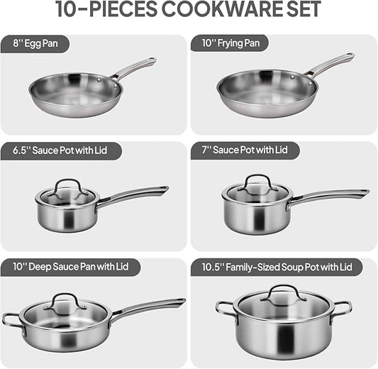 VINGLI 10 Pcs Cookware Set, Stainless Steel Pots and Pans Set with Lids, Non-Toxic Saute Sauce Pot, Soup Pot, Frying Pan, PFOA & PTFE Free, Compatible for All Cooktops(10 Cookware Set)