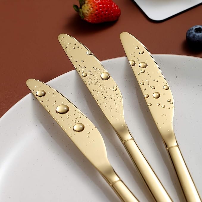 Berglander Gold Dinner Knives Set Of 12, Titanium Shiny Gold Plating Stainless Steel Dinner Knife, Butter Knife Table Knives Dishwasher Safe