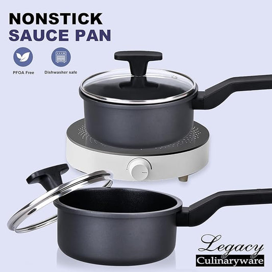 Legacy Culinaryware Nonstick Sauce Pan with Lid,1.5Qt & 2Qt Set, PFOA Free,Kitchen Pots Induction Pot,Black