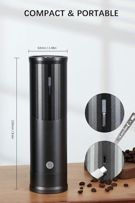 CUFEJORO Electric Coffee Grinders, Portable Burr Grinder Capacity 50g w/Magnetic Cover,External Adjustable Setting, Aluminum Alloy Body, 800mAh Battery(Stand not Included) Black