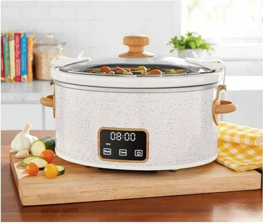 Pioneer Woman 6-Quart Programmable Digital Slow Cooker with Locking Lid – Portable Design & Dishwasher Safe (Linen White)
