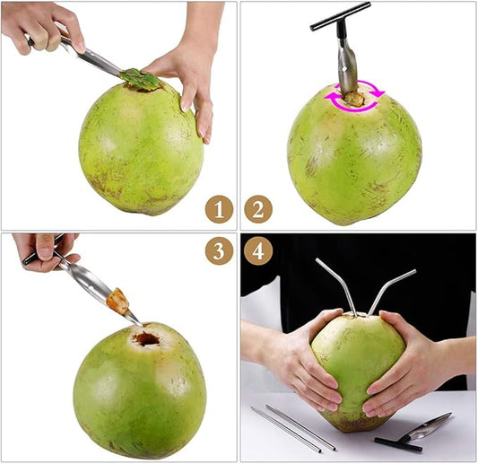 Coconut Opener Tools, Set of Stainless Steel Coconut Puncher with Straws, Brush, Coconut Meat Remover with Wood Handle, For Green & Young Coconut