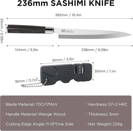 KANKIKUSUI Sashimi Knife, 9.3" Sushi Knife Set with Sharpener/Gift Box, HC70cr17mov Yanagiba Knife