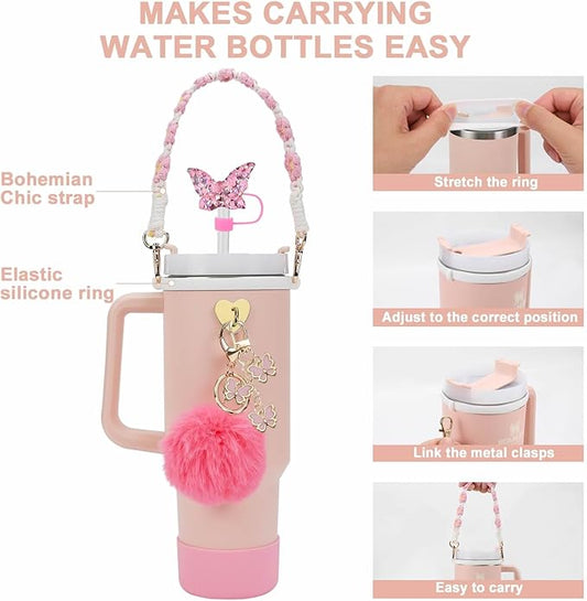Accessories Set Including Water Bottle Handle Strap, Silicone Boot, Resin Butterfly Straw Cover, Straw Topper, Lip Balm Sleeve, Butterfly & Hairball Charms for Stanley Cup Tumbler