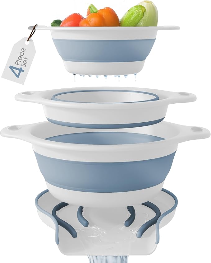 Collapsible Colanders (3 Pack Set) Food Strainers with Over-Sink Water Draining Base for Pasta Fruits and Vegetables, White/Blue (3 Sizes, 3QT, 4QT and 5 Quart)