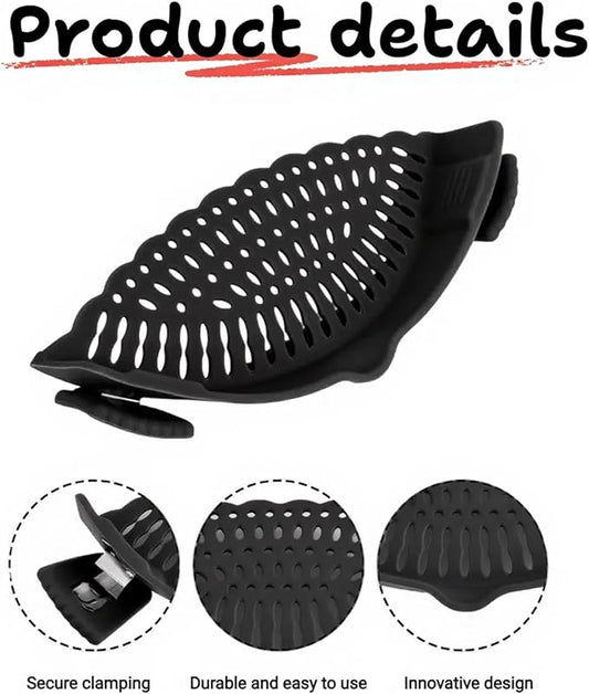 2 PACK Silicone Clip-on Strainer - Fits Pots, Pans & Pasta, Hands-Free Food Strainer for Ground Beef, Spaghetti, Pasta, Compatible with All Bowls and Pots (Black,Grey)