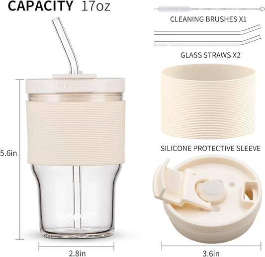 Glass Tumbler Set with Lids and Straws, 17 oz Reusable Cups for Iced Coffee, Cold Brew, Tea, Smoothie (White with Sleeve)