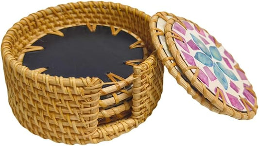 A Set of 6 Beverage Coasters, Rattan/Colorful Shell/Coffee&Tea Cup/Handmade Woven Coasters for Various Cups, Desktop Protection, Special Home Gifts
