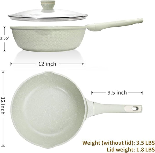 Xuanying 12 Inch Nonstick Saute Pan with Lid - 5.5Qt Large Deep Frying Skillet, PFOA/PFAS Free & Dishwasher Safe, All Stovetop Compatible Including Induction