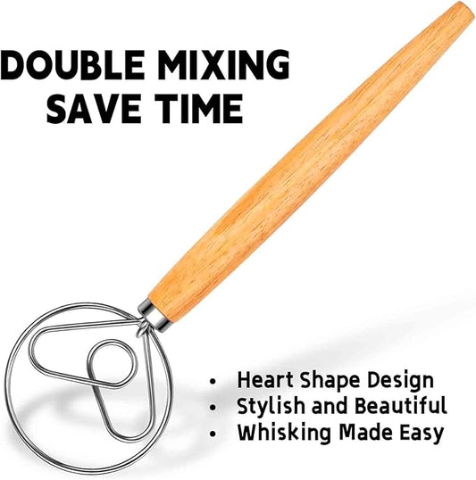 TEEVEA Danish Dough Whisk for Bread Sourdough, Wooden Handle & Stainless Steel Hook