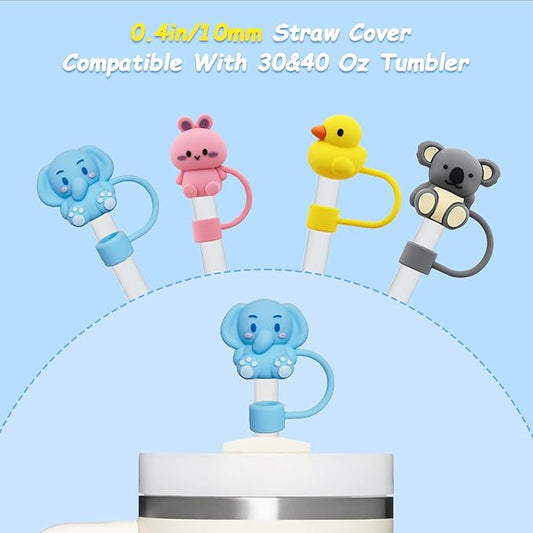 4 Pcs 0.4in Straw Cover for Stanley Cup, Silicone Straw Topper Set for 30&40oz Stanley Tumble, Fit for 10mm/0.4in Straws (Animal)