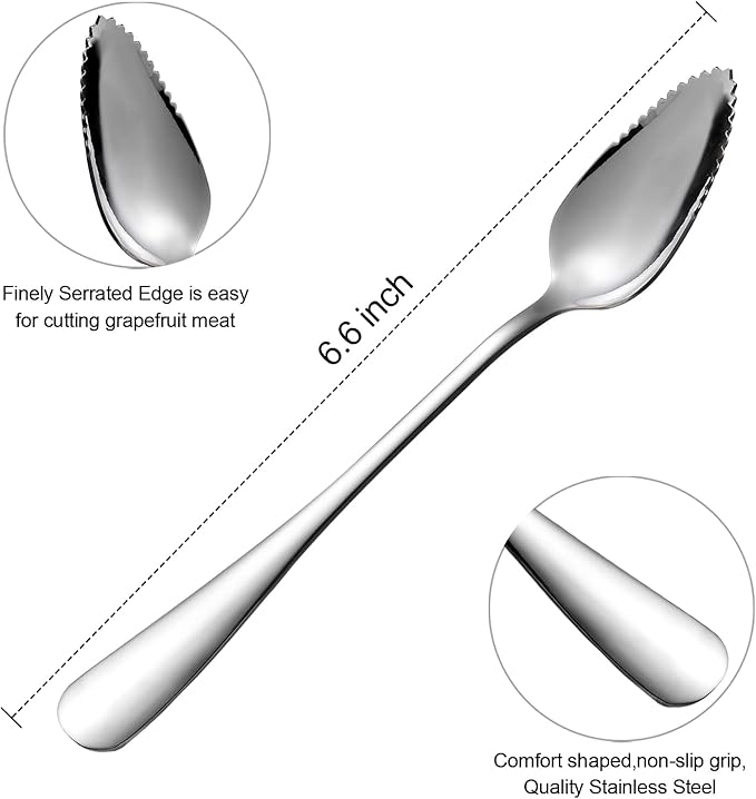 5 PCS Grapefruit Spoons, Stainless Steel Grapefruit Spoon Utensil Set, Serrated Edge & Thick Gauge Handle, Silver Kitchen Tool with Non-stick Plating for Kiwi, Dessert, Apple, Citrus Fruit