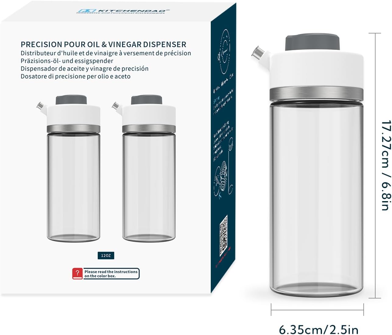 KITCHENDAO Precision Pour Glass Oil Dispenser with 3 Modes, Drip-free Spout, Two Adjustable Flowing Speed, 12 oz Vinegar Dispenser Bottle for Kitchen, Borosilicate Glass Olive Oil Bottle for Cooking