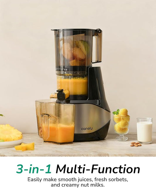 Canoly C09 Cold Press Juicer, 6" Extra Wide Feed Chute, 3-IN-1 Strainers (Juice & Sorbet & Nut Milk), Powerful AC Brushless Motor, Self Precut System, Juicer Machines with BPA-Free (Classic)