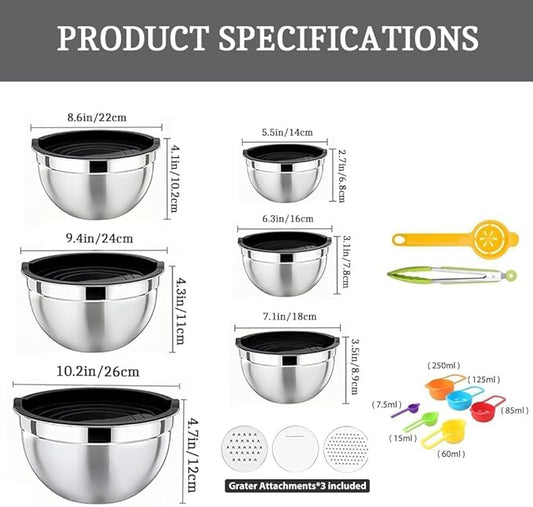 Thsinde Mixing Bowl with Airtight Lids Set of 6, Stainless Steel Nesting Salad Bowls for Mixing & Serving, 3 Grater Attachments & Non-Slip Bottoms (Size 7-1QT)