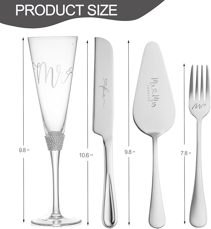 VARLKA Wedding Cake Knife and Server Set, Mr and Mrs Champagne Flutes and Cake Cutting Set for Bridal Shower Gifts Wedding Glasses for Bride and Groom