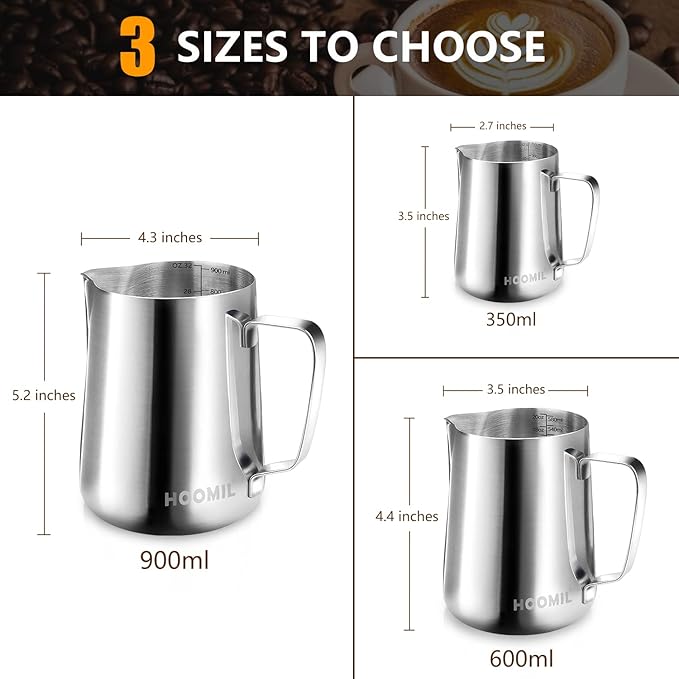 HOOMIL Milk Frothing Pitcher, 12oz/20oz/32oz Stainless Steel Steaming Pitcher Barista Milk Frother Cup Jug for Espresso Machine Coffee Cappuccino Latte Art - 12oz, Rainbow