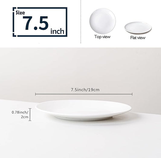 White Salad Plates Set of 6, 7.5 Inch Ceramic Plates – White Porcelain Appetizer & Dessert Plates for Kitchen, Salad, Snack & Everyday Use, Microwave & Dishwasher Safe
