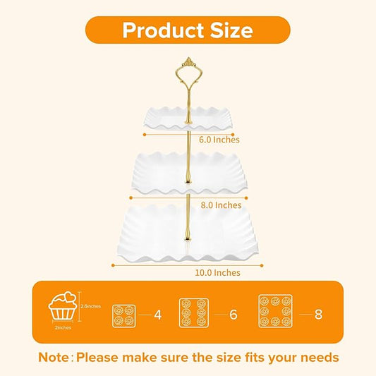 Hoedia 3 Tier Cupcake Stand Tower, Plastic White Cup Cake Holder for Dessert stands, Tiered Serving Tray for Tea Party, Birthday Party, Wedding Decor and Baby Shower(Square Wave)