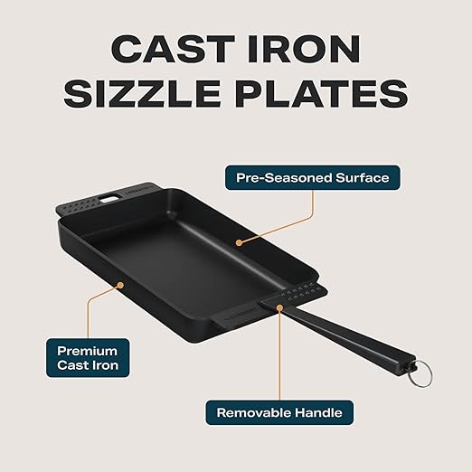 Current Cast Iron Sizzle Plates 3-Piece Set - Deep Pan, Shallow Pan, Grill Pan with Removable Handle, Pre-Seasoned, Heat Retention, Compatible Model P Pizza Oven