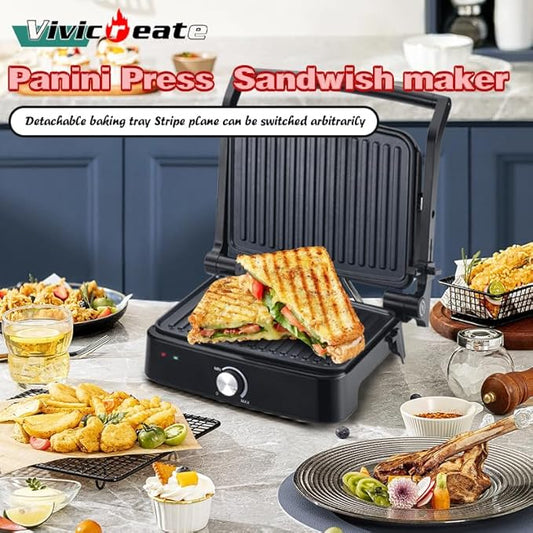 Vivicreate 5 in 1 Panini Press & Indoor Electric Grill, Stainless Steel Sandwich Maker with Non Stick Plates, Contact Grill for Steak, Burger, Breakfast & Countertop Cooking (1 Knob Plastic)