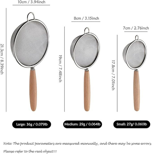 Fine Mesh Strainer with Hook, Stainless Steel Mesh Sieve with Handle, Kitchen Metal Food Strainer Sifter for Quinoa, Rice, Pasta, Fruits, Vegetables, Set of 3, 2.8", 3", 4"
