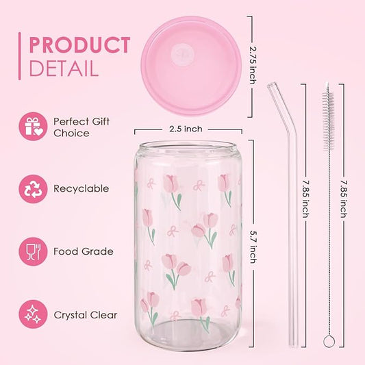 SANDJEST Floral Glass Can, Tulip Iced Coffee Aesthetic Cup, Gift for Christmas Birthday, Gifts for Women Girls, 16oz