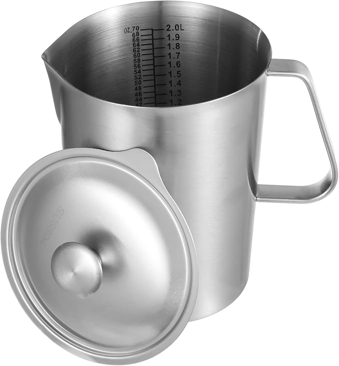 2L Stainless Steel Pitcher with Lid, 70 oz Measuring Cup with Dual-Scale Markings, Milk Frothing Jug, Large Beaker for Espresso Machine, Hot/Cold Water, Latte Art, Iced Tea