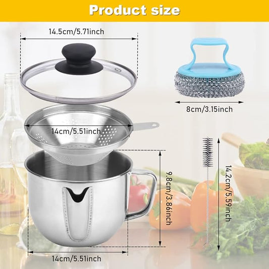 Stainless Steel Fat Separator 4 Cup/1000ML Gravy Grease Separator with Strainer and Glass Lid, Soup Oil Separator Cup for Cooking, Oil Soup Separator Strainer Pot for Kitchen