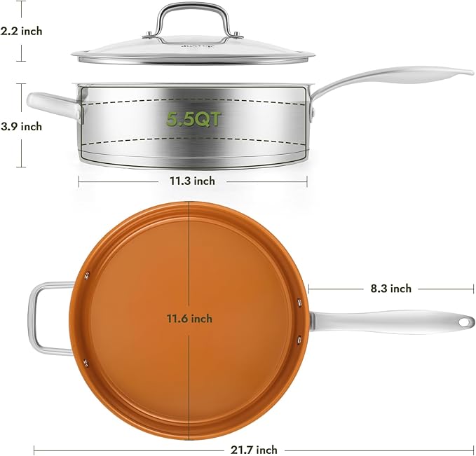 duxtop pro Ceramic Saute Pan with Lid, 5.5QT Nonstick Frying Pan without PFAS, PTFE, or PFOA, Stainless Steel Base Deep Skillet for All Cooktops, Oven & Dishwasher Compatible