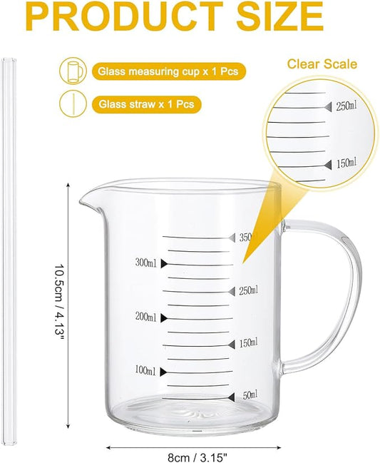 PATIKIL 350ml Glass Measuring Cup, Borosilicate Glass Beaker Graduated Liquid Measure Cups with Straw V-Shaped Spout for Kitchen Drinking Restaurant, Black Printed Scale