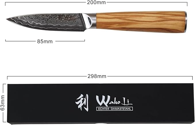 Wakoli Oribu Damascus Paring Knife – Full Tang Kitchen Knife | 3.4-Inch Blade Made of 67-Layer Damascus Steel with AUS-10 Core | Ergonomic Olive Wood Handle | Sharp & Durable