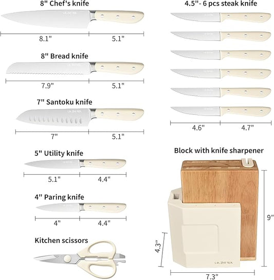 14-Piece Knife Block Set, High-Carbon Stainless Steel Dishwasher Safe Kitchen Knives Detachable Knife Holder, Includes Chef's, Santoku, Bread & Steak Knives(white)