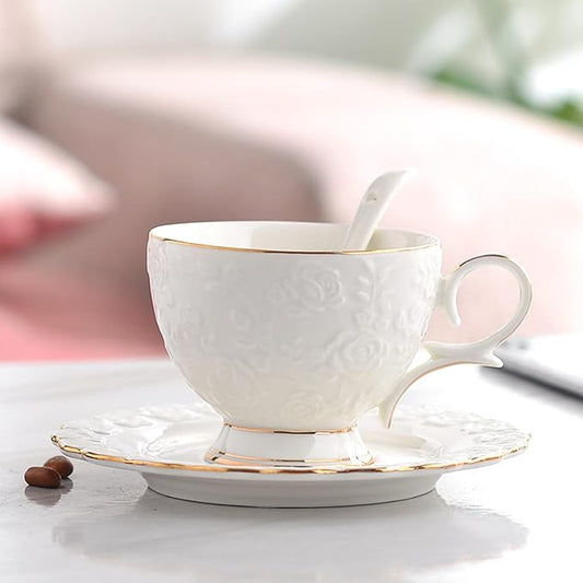 Vintage Bone China Tea Cups and Saucers - Rose Flower Teacup Set, 6.8 Oz, Euro Style for Tea Party and Christmas Gifts