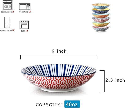 Selamica Porcelain 40oz Large Bowls 9 inch Big Pasta Salad Bowls, Microwave and Oven Safe, Colorful, Set of 6